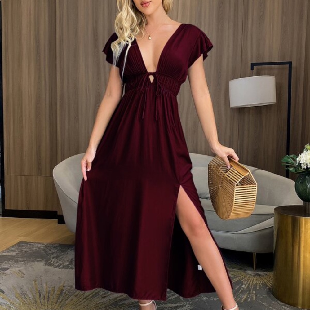 Burgundy Plunging Neck Butterfly Sleeve Maxi Dress - Picture 11 of 12